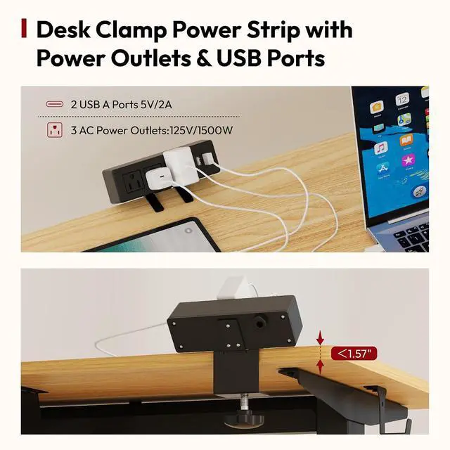 Alt view image 3 of 7 - Electric Standing Desk with Desk Clamp Power Strip 55"x 28" Whole-Piece Desktop Height Adjustable Stand Up with Cable Management Sit Stand Home Office Desk Black Frame/Maple Top