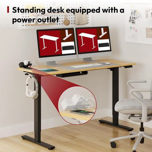Alt view image 3 of 7 - Electric Standing Desk with Desk Clamp Power Strip 55"x 28" Whole-Piece Desktop Height Adjustable Stand Up Desk with Cable Management Sit Stand Home Office Desk Black Frame/Mahogany Top
