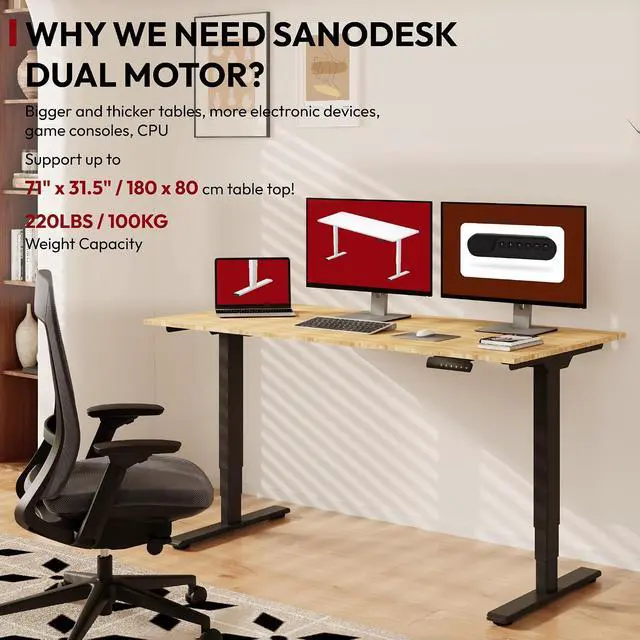 Alt view image 2 of 7 - Standing Desk with Dual Motor, 3-Stage Lifting Column, Handset with 3 Preset and Sit-Stand Reminder - 60 inch Whole Piece Real Bamboo/Black Frame, Height Adjustable Desk for Home and Office