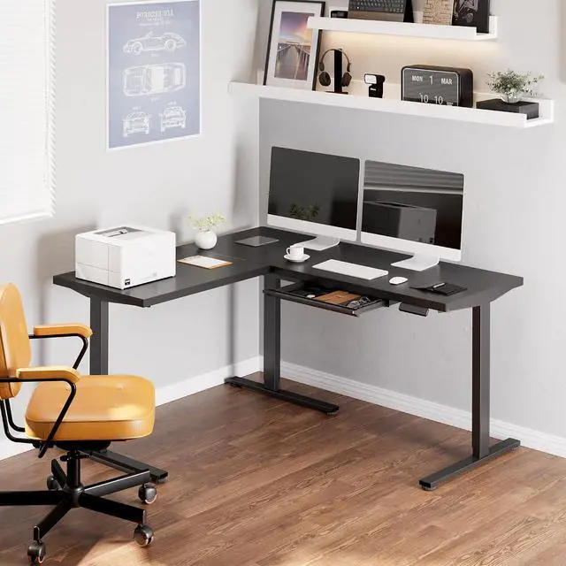 Alt view image 2 of 7 - L Shaped Electric Standing Desk with Drawer, 63 Inch Ergonomic Adjustable Height Desk with Storage, Corner Desk Sit Stand up Computer Table for Work Office Home, Black