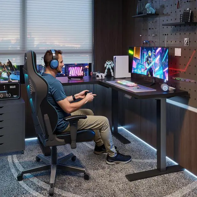 Alt view image 2 of 7 - L Shaped Standing Desk Adjustable Height, Electric Corner Standing Desk, 63 x 55 inch Sit Stand Computer Table with Splice Board, Black