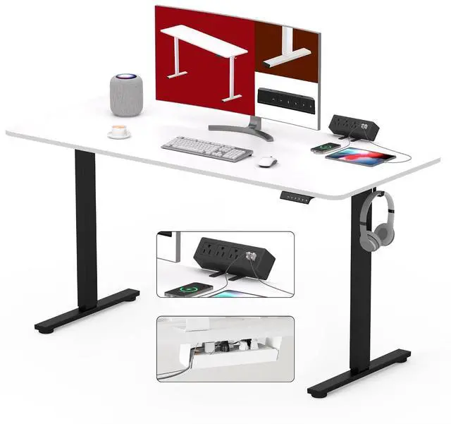 Main image of Electric Standing Desk with Desk Clamp Power Strip 48"x 30" Whole-Piece Desktop Height Adjustable Stand Up Desk with Cable Management Sit Stand Home Office Desk Black Frame/White Top