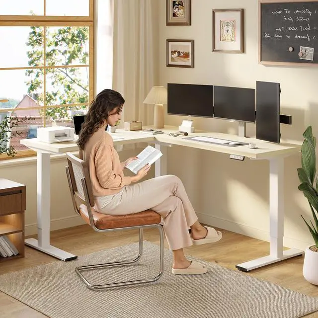 Alt view image 2 of 7 - L Shaped Standing Desk Adjustable Height, Electric Corner Standing Desk, 71 x 63 inch Sit Stand Computer Table with Splice Board, Maple