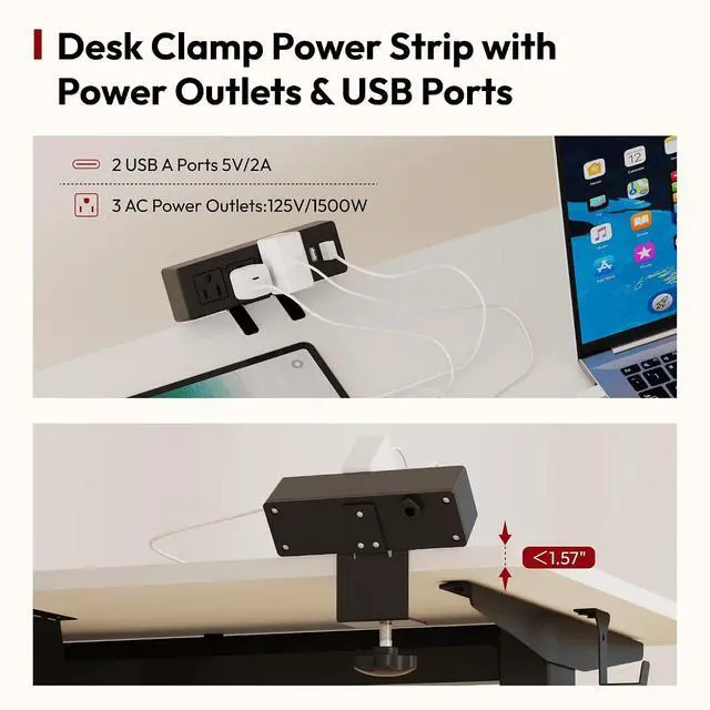 Alt view image 6 of 7 - Electric Standing Desk with Desk Clamp Power Strip 48"x 30" Whole-Piece Desktop Height Adjustable Stand Up Desk with Cable Management Sit Stand Home Office Desk Black Frame/White Top