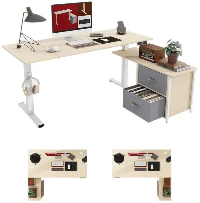 Main image of 63'' L Shaped Standing Desk with 2-Drawer File Cabinet, Electric Height Adjustable Stand up Desk w/USB Charge Ports, Home Office Modern Wood Computer Desk with Shelves,White Frame/Maple Top