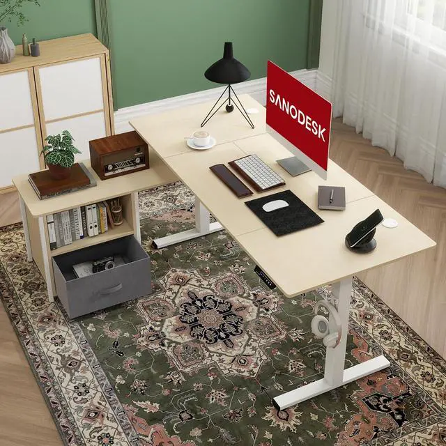 Alt view image 2 of 7 - 63'' L Shaped Standing Desk with 2-Drawer File Cabinet, Electric Height Adjustable Stand up Desk w/USB Charge Ports, Home Office Modern Wood Computer Desk with Shelves,White Frame/Maple Top