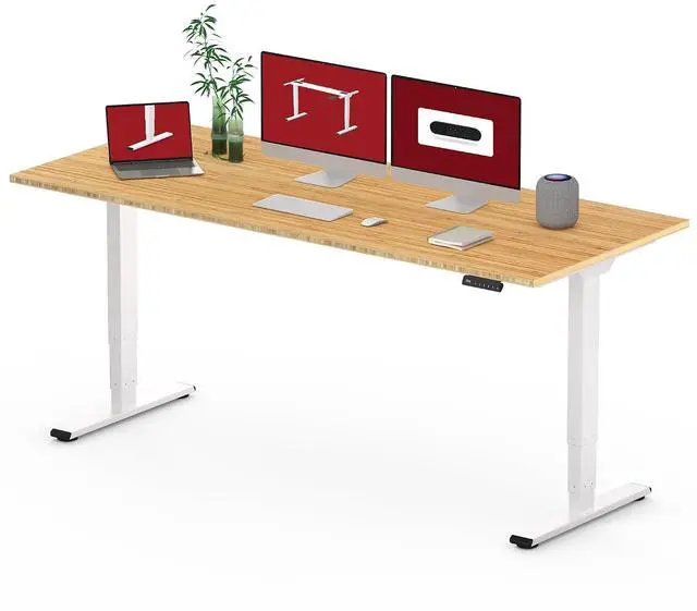 Main image of Standing Desk with Dual Motor, 3-Stage Lifting Column, Handset with 3 Preset and Sit-Stand Reminder - 72 inch Whole Piece Real Bamboo/White Frame, Height Adjustable Desk for Home and Office
