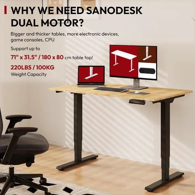 Alt view image 4 of 7 - 48 Inch Bamboo Electric Standing Desk, 3 Stage Dual Motor Height Adjustable Desk, Stable and Durable Sit to Stand Home Office Desk (Black Frame/ 48 x 24 Natural Bamboo Top)