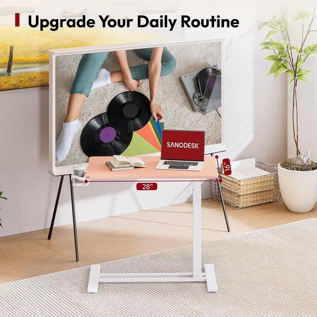Alt view image 6 of 7 - Mobile Standing Desk with Hidden Wheels,Pneumatic Laptop Desk Rolling Computer Cart Movable Height Adjustable Small Sit Stand Desk for Home Office(27.6" W x 15.7" D, Pink)