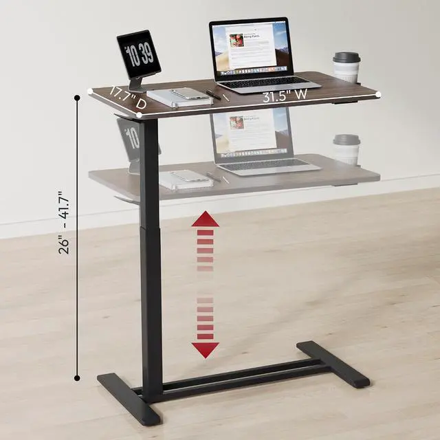 Alt view image 3 of 7 - Mobile Standing Desk with Hidden Wheels,Pneumatic Laptop Desk Rolling Computer Cart Movable Height Adjustable Small Sit Stand Desk for Home Office(31.5" W x 17.7" D,Black Walnut)