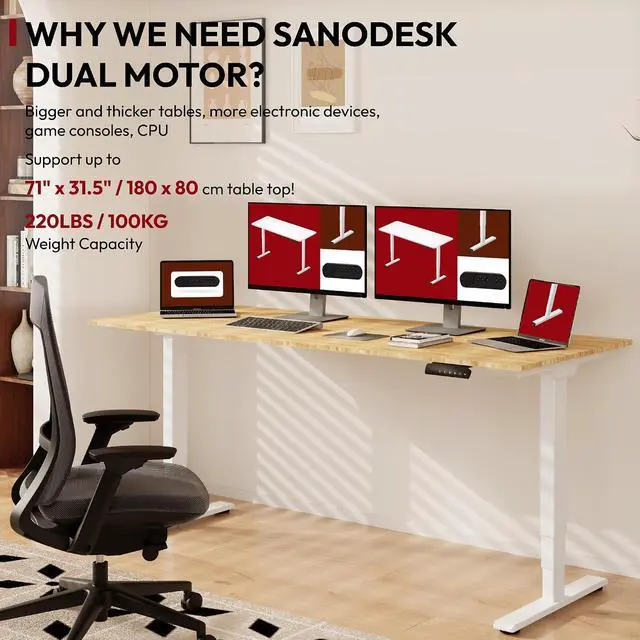 Alt view image 3 of 7 - Standing Desk with Dual Motor, 3-Stage Lifting Column, Handset with 3 Preset and Sit-Stand Reminder - 72 inch Whole Piece Real Bamboo/White Frame, Height Adjustable Desk for Home and Office