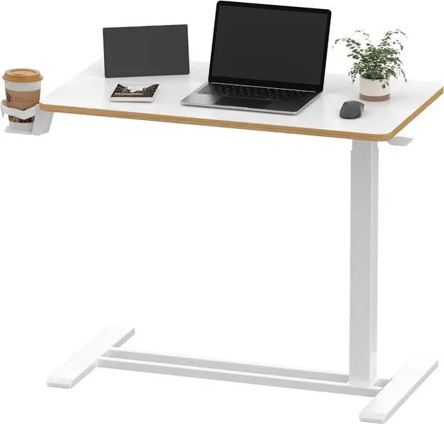 Main image of Mobile Standing Desk with Hidden Wheels,Pneumatic Laptop Desk Rolling Computer Cart Movable Height Adjustable Small Sit Stand Desk for Home Office(31.5" W x 17.7" D, White+Maple Band)