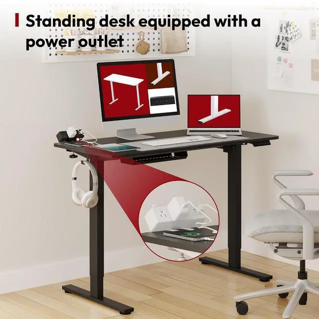 Alt view image 6 of 7 - Electric Standing Desk with Desk Clamp Power Strip 40"x 24" Whole-Piece Desktop Height Adjustable Stand Up Desk with Cable Management Sit Stand Home Office Desk Black Frame/Black Top