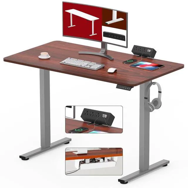 Main image of Electric Standing Desk with Desk Clamp Power Strip 40"x 24" Whole-Piece Desktop Height Adjustable Stand Up Desk with Cable Management Sit Stand Home Office Desk Silver Frame/Mahogany Top