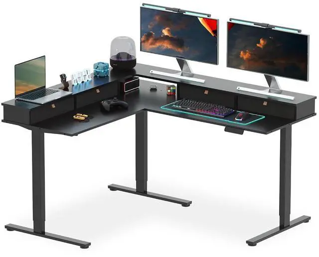 Main image of 63" L Shaped Standing Desk with 3 Drawers, Height Adjustable Stand up Desk, Corner Gaming Desk with Monitor Stand, Black Frame/Black Top