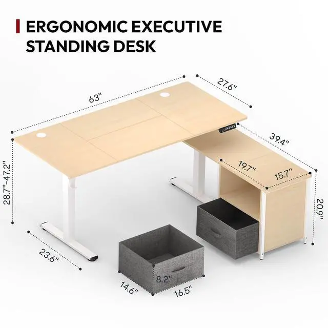 Alt view image 3 of 7 - 63'' L Shaped Standing Desk with 2-Drawer File Cabinet, Electric Height Adjustable Stand up Desk w/USB Charge Ports, Home Office Modern Wood Computer Desk with Shelves,White Frame/Maple Top