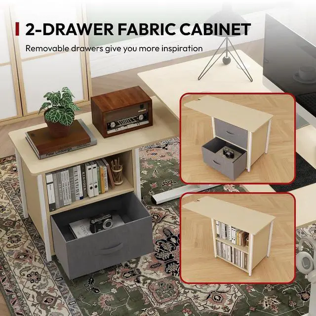Alt view image 4 of 7 - 63'' L Shaped Standing Desk with 2-Drawer File Cabinet, Electric Height Adjustable Stand up Desk w/USB Charge Ports, Home Office Modern Wood Computer Desk with Shelves,White Frame/Maple Top