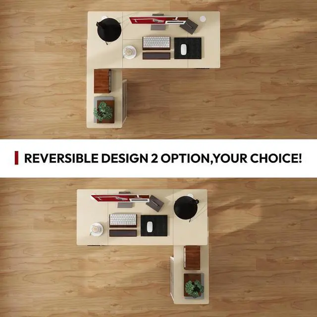 Alt view image 5 of 7 - 63'' L Shaped Standing Desk with 2-Drawer File Cabinet, Electric Height Adjustable Stand up Desk w/USB Charge Ports, Home Office Modern Wood Computer Desk with Shelves,White Frame/Maple Top
