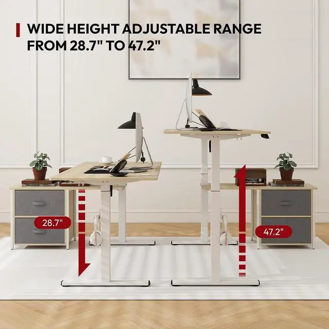 Alt view image 6 of 7 - 63'' L Shaped Standing Desk with 2-Drawer File Cabinet, Electric Height Adjustable Stand up Desk w/USB Charge Ports, Home Office Modern Wood Computer Desk with Shelves,White Frame/Maple Top