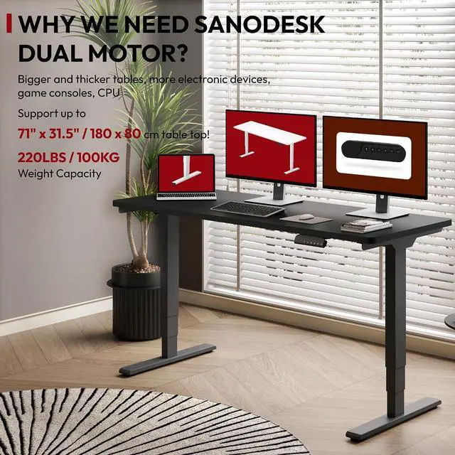 Alt view image 3 of 7 - Standing Desk with Dual Motor, 3-Stage Lifting Column, Handset with 3 Preset and Sit-Stand Reminder - 60 inch One-piece Black Desk/Black Frame, Height Adjustable Desk for Home and Office