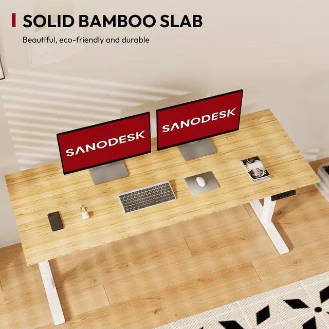 Alt view image 5 of 7 - Standing Desk with Dual Motor, 3-Stage Lifting Column, Handset with 3 Preset and Sit-Stand Reminder - 72 inch Whole Piece Real Bamboo/White Frame, Height Adjustable Desk for Home and Office