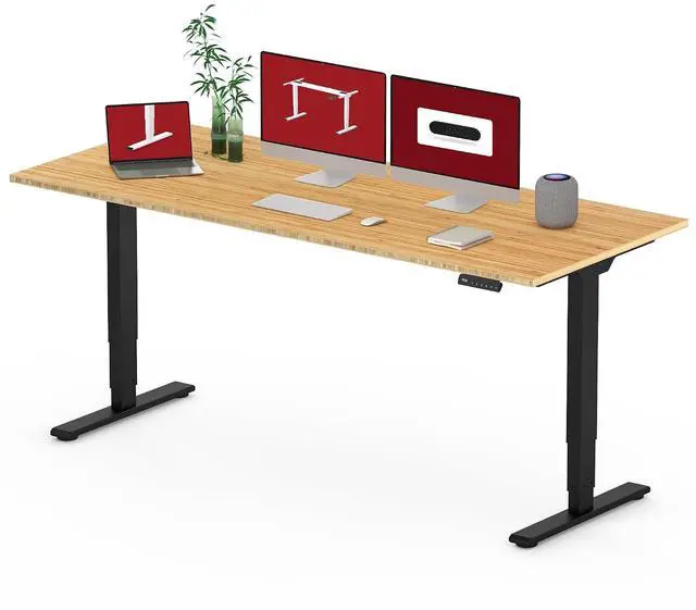 Main image of Standing Desk with Dual Motor, 3-Stage Lifting Column, Handset with 3 Preset and Sit-Stand Reminder - 72 inch Whole Piece Real Bamboo/Black Frame, Height Adjustable Desk for Home and Office