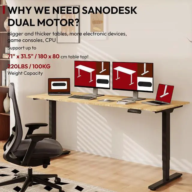 Alt view image 2 of 7 - Standing Desk with Dual Motor, 3-Stage Lifting Column, Handset with 3 Preset and Sit-Stand Reminder - 72 inch Whole Piece Real Bamboo/Black Frame, Height Adjustable Desk for Home and Office