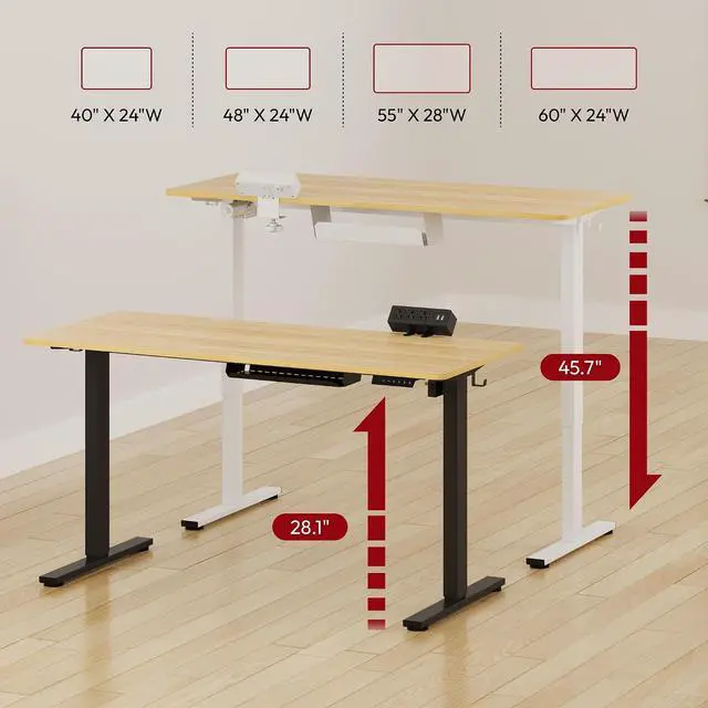 Alt view image 2 of 7 - Electric Standing Desk with Desk Clamp Power Strip 55"x 28" Whole-Piece Desktop Height Adjustable Stand Up with Cable Management Sit Stand Home Office Desk White Frame/Maple Top