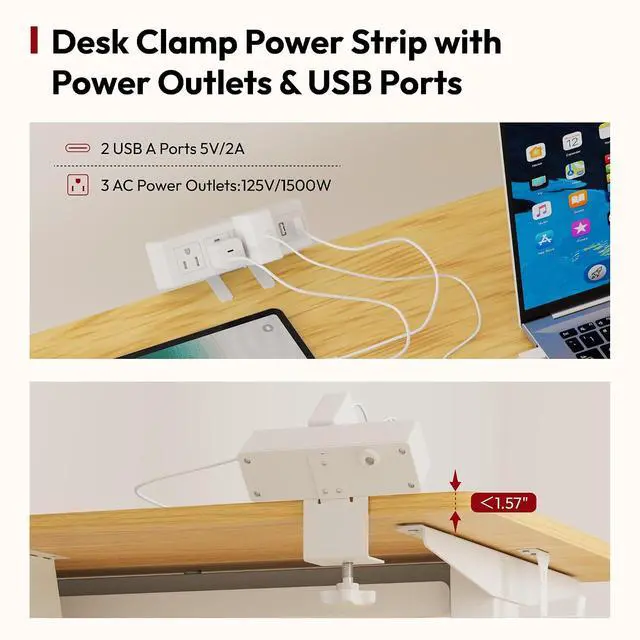 Alt view image 6 of 7 - Electric Standing Desk with Desk Clamp Power Strip 55"x 28" Whole-Piece Desktop Height Adjustable Stand Up with Cable Management Sit Stand Home Office Desk White Frame/Maple Top