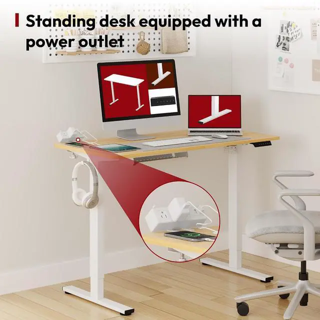 Alt view image 5 of 7 - Electric Standing Desk with Desk Clamp Power Strip 60"x 24" Whole-Piece Desktop Height Adjustable Stand Up Desk with Cable Management Sit Stand Home Office Desk White Frame/Maple Top