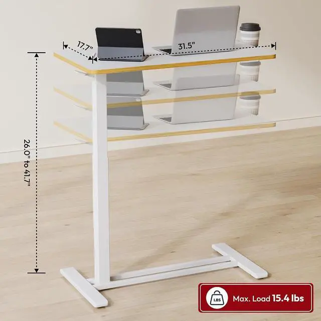 Alt view image 2 of 7 - Medical Adjustable Overbed Bedside Table with Hidden Casters, Pneumatic Mobile Laptop Computer Standing Desk Cart with Tray, Hospital and Home Use(31.5" W x 17.7" D, White)
