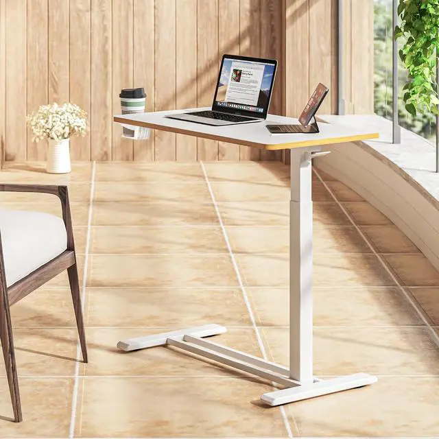 Alt view image 6 of 7 - Mobile Standing Desk with Hidden Wheels,Pneumatic Laptop Desk Rolling Computer Cart Movable Height Adjustable Small Sit Stand Desk for Home Office(31.5" W x 17.7" D, White+Maple Band)