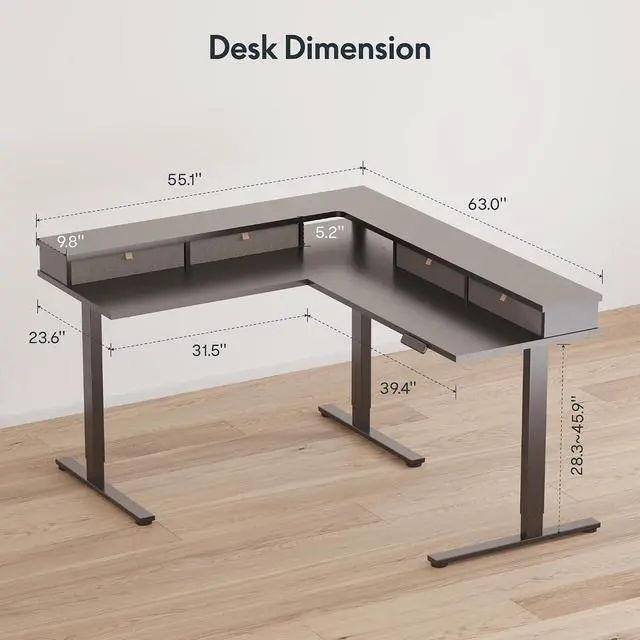 Alt view image 3 of 7 - 63" L Shaped Standing Desk with 3 Drawers, Height Adjustable Stand up Desk, Corner Gaming Desk with Monitor Stand, Black Frame/Black Top
