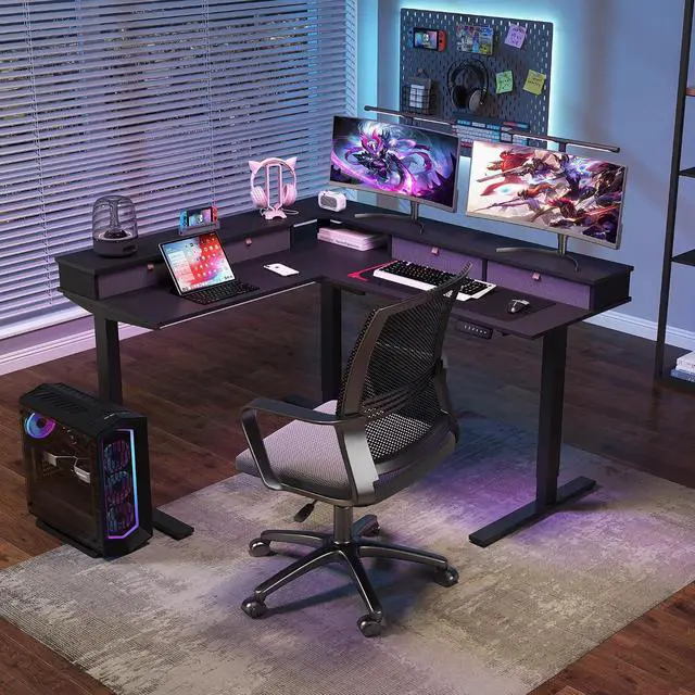 Alt view image 2 of 7 - 63" L Shaped Standing Desk with 3 Drawers, Height Adjustable Stand up Desk, Corner Gaming Desk with Monitor Stand, Black Frame/Black Top