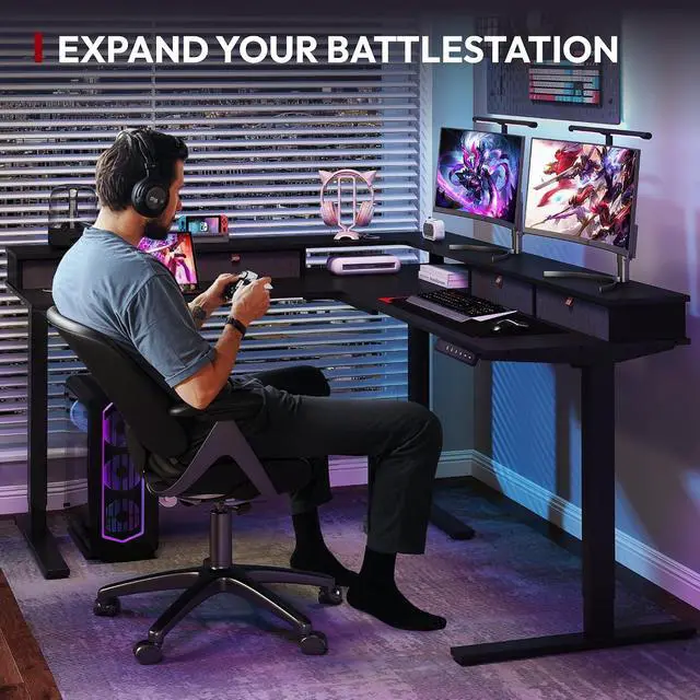 Alt view image 5 of 7 - 63" L Shaped Standing Desk with 3 Drawers, Height Adjustable Stand up Desk, Corner Gaming Desk with Monitor Stand, Black Frame/Black Top