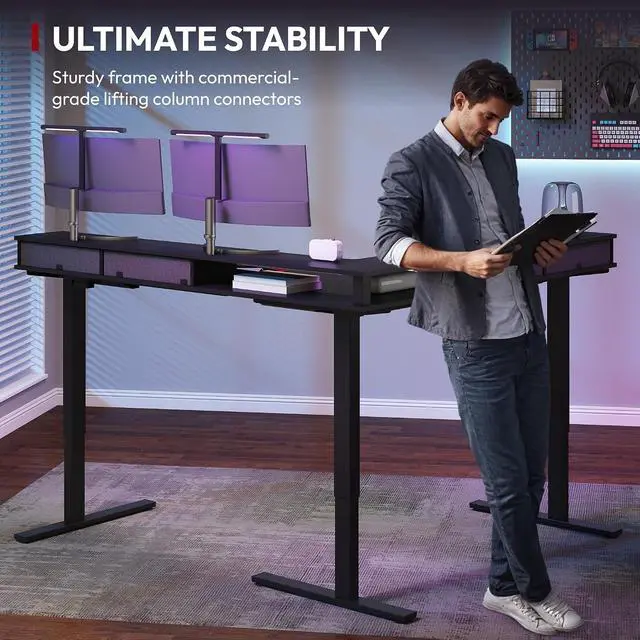 Alt view image 4 of 7 - 63" L Shaped Standing Desk with 3 Drawers, Height Adjustable Stand up Desk, Corner Gaming Desk with Monitor Stand, Black Frame/Black Top