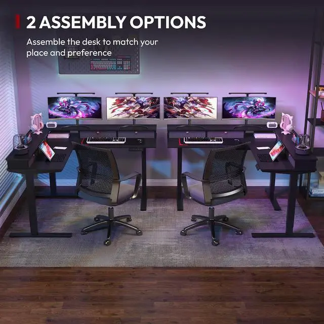Alt view image 6 of 7 - 63" L Shaped Standing Desk with 3 Drawers, Height Adjustable Stand up Desk, Corner Gaming Desk with Monitor Stand, Black Frame/Black Top