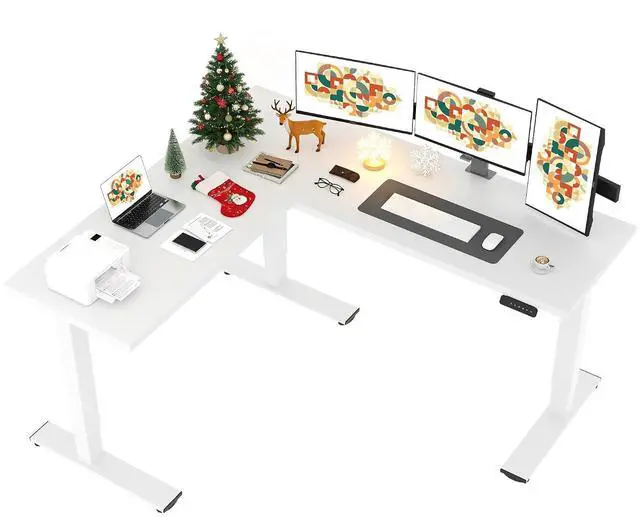 Main image of L Shaped Standing Desk Adjustable Height, Electric Corner Standing Desk, 71 x 63 inch Sit Stand Computer Table with Splice Board, White