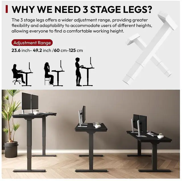 Alt view image 2 of 7 - Standing Desk with Dual Motor, 3-Stage Lifting Column, Handset with 3 Preset and Sit-Stand Reminder - 60 inch One-piece Black Desk/Black Frame, Height Adjustable Desk for Home and Office