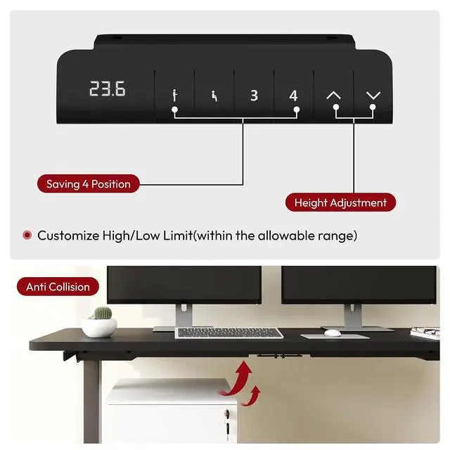 Alt view image 5 of 7 - Standing Desk with Dual Motor, 3-Stage Lifting Column, Handset with 3 Preset and Sit-Stand Reminder - 60 inch One-piece Black Desk/Black Frame, Height Adjustable Desk for Home and Office