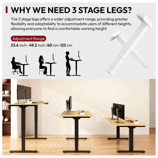 Alt view image 3 of 7 - 48 Inch Bamboo Electric Standing Desk, 3 Stage Dual Motor Height Adjustable Desk, Stable and Durable Sit to Stand Home Office Desk (Black Frame/ 48 x 24 Natural Bamboo Top)