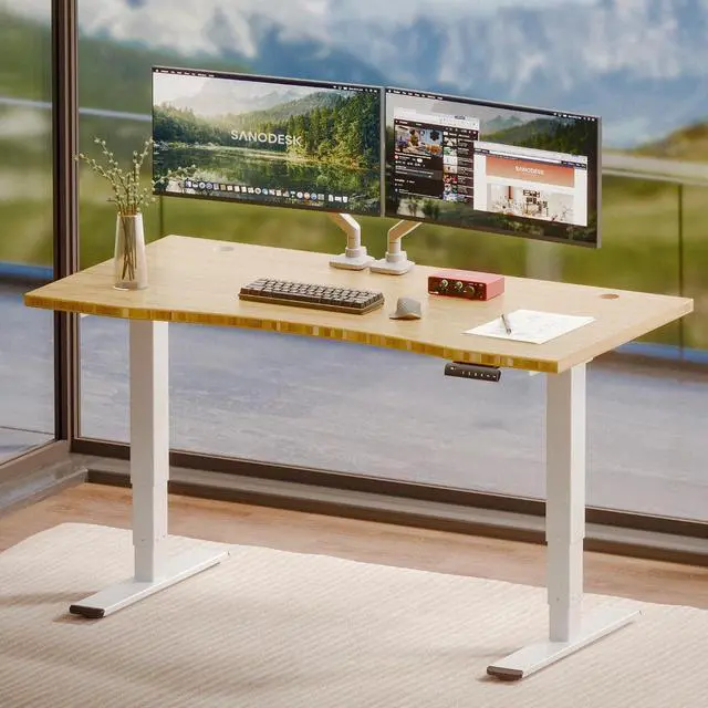 Main image of Solid Bamboo 3-Stage Dual Motor Standing Desk 55×28 One-Piece Top, Holds 220 lbs, Spacious Ergonomic Sit Stand Desk with Memory Presets for Home Office, White Frame/Natural Curved Bamboo
