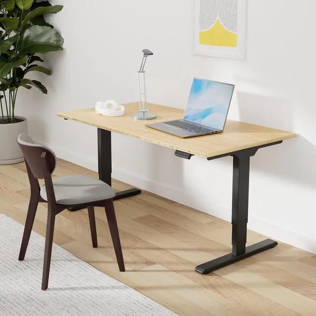 Alt view image 2 of 7 - 55 Inch 3 Stage Bamboo Electric Standing Desk, Dual Motor Height Adjustable Desk, Whole-Piece Desktop Sit to Stand Home Office Desk (Black Frame/ 55 x 28 Natural Bamboo Top)