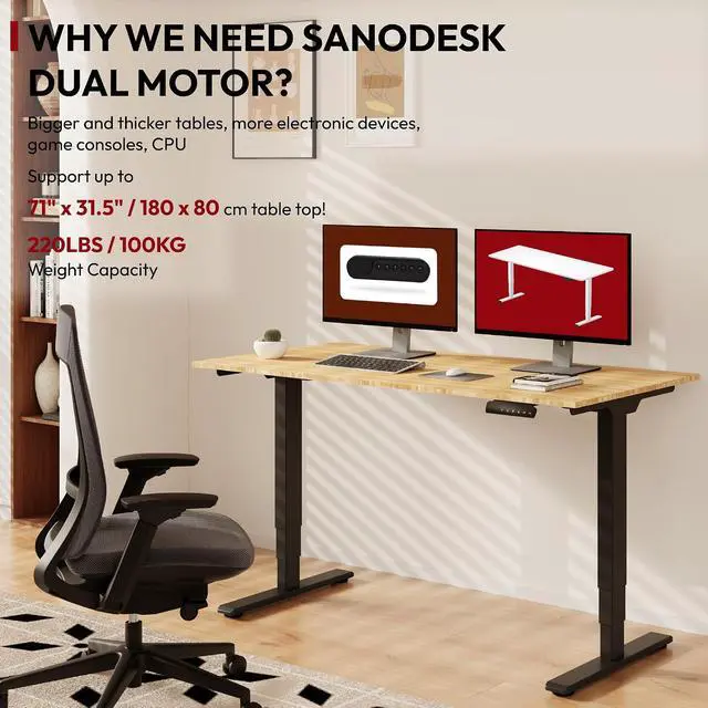Alt view image 6 of 7 - 55 Inch 3 Stage Bamboo Electric Standing Desk, Dual Motor Height Adjustable Desk, Whole-Piece Desktop Sit to Stand Home Office Desk (Black Frame/ 55 x 28 Natural Bamboo Top)