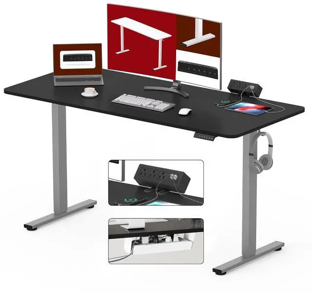 Main image of Electric Standing Desk with Desk Clamp Power Strip 55"x 28" Whole-Piece Desktop Height Adjustable Stand Up Desk with Cable Management Sit Stand Home Office Desk Silver Frame/Black Top