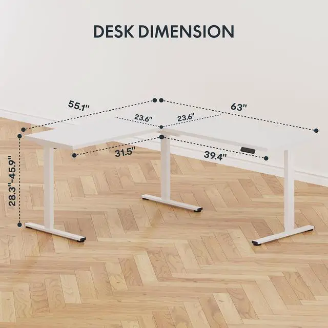 Alt view image 3 of 7 - L Shaped Standing Desk Adjustable Height, Electric Corner Standing Desk, 63 x 55 inch Sit Stand Computer Table with Splice Board, White
