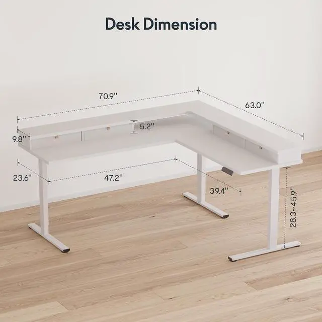 Alt view image 3 of 7 - 71" L Shaped Standing Desk with 4 Drawers, Height Adjustable Stand up Desk, Corner Gaming Desk with Monitor Stand, White Frame/White Top