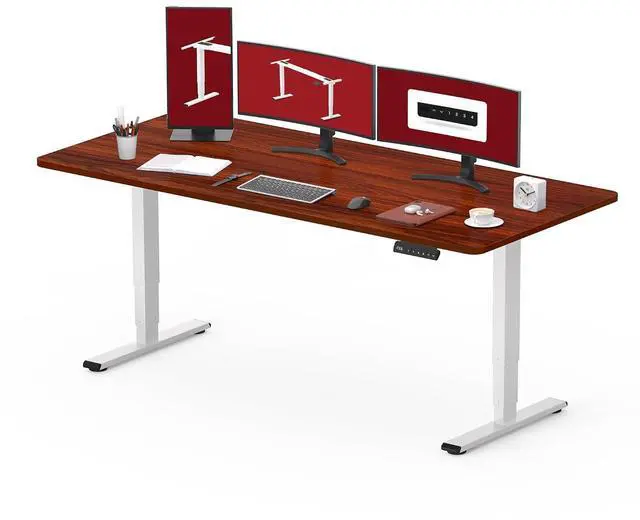 Main image of Standing Desk with Dual Motor, 3-Stage Lifting Column, Handset with 3 Preset and Sit-Stand Reminder - 60 inch One-Piece Mahogany Desk/White Frame, Height Adjustable Desk for Home and Office