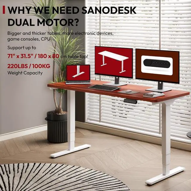 Alt view image 2 of 7 - Standing Desk with Dual Motor, 3-Stage Lifting Column, Handset with 3 Preset and Sit-Stand Reminder - 60 inch One-Piece Mahogany Desk/White Frame, Height Adjustable Desk for Home and Office