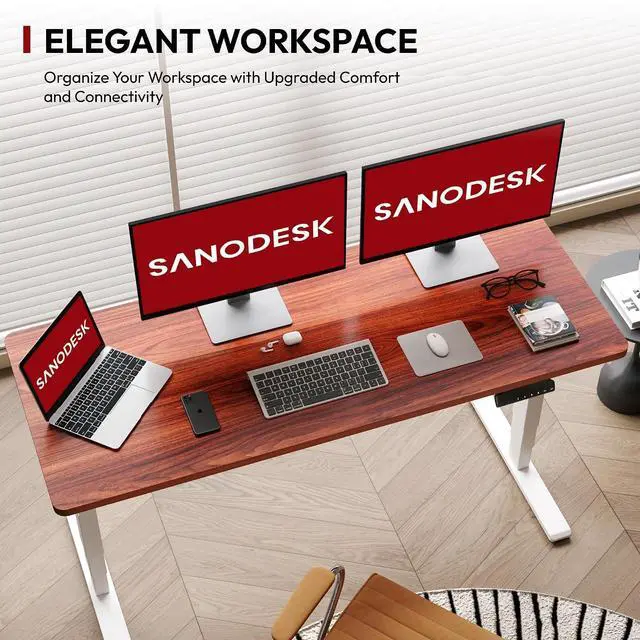 Alt view image 3 of 7 - Standing Desk with Dual Motor, 3-Stage Lifting Column, Handset with 3 Preset and Sit-Stand Reminder - 60 inch One-Piece Mahogany Desk/White Frame, Height Adjustable Desk for Home and Office